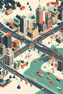 繁忙都市交通景观插画