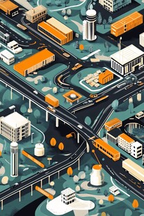 城市交通建筑插画景观