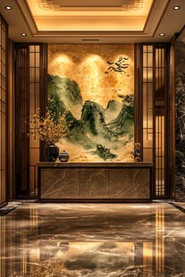 中式玄关山水壁画装饰美