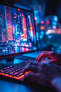 夜都市下的电脑前专注操作