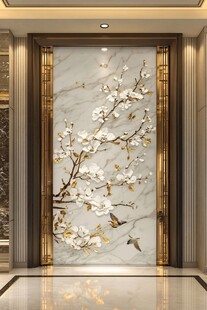 中式玉兰花鸟玄关背景墙