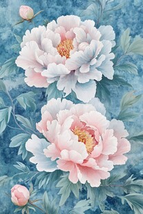 蓝底双生粉牡丹图