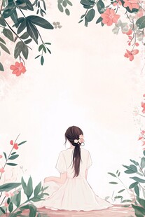 女孩静坐于花草环绕间