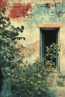 破旧墙面的绿植环绕门洞