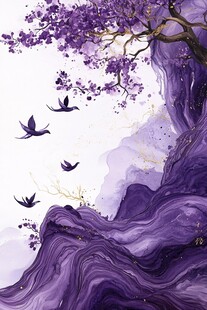 紫韵幽树飞鸟梦幻图景
