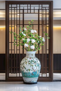 中式花瓶插花于古典屏风前