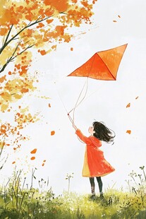 秋日女孩草地放风筝