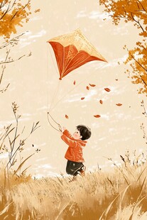 秋日孩童草地快乐放风筝