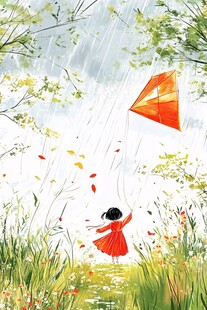 雨中红衣女孩放飞橙色风筝