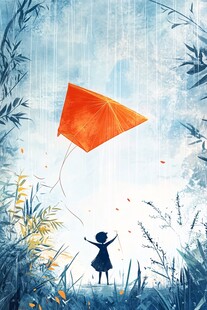 雨中少女放飞橙红风筝