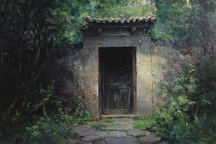 古旧院门隐于葱郁草木间