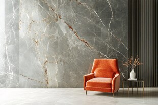 橙色单人椅搭配大理石墙