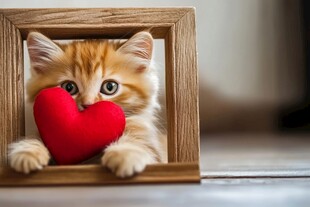 框中小猫抱红心超萌