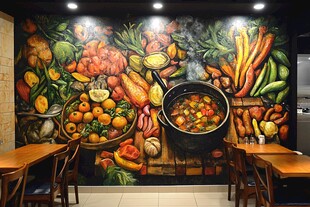 餐厅内色彩斑斓的蔬果壁画