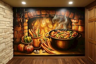 厨房壁画 壁炉旁的美食景象