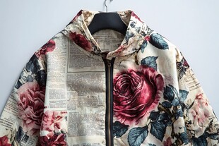 复古花卉印花连帽拉链外套