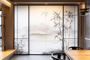 中式屏风绘墨竹山水图景