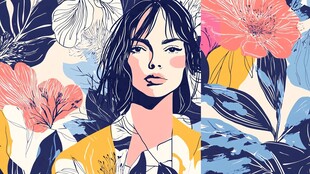 花卉环绕的时尚女性形象