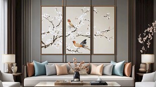 中式客厅三幅花鸟装饰画