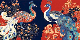 双孔雀中式花卉图案插画