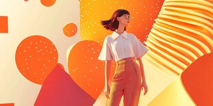 时尚少女置身多彩几何空间