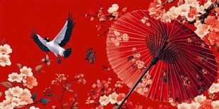 中式红底花鸟伞鹤景致
