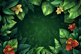 热带花卉绿叶边框背景图