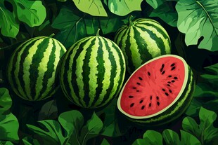 翠绿叶间的鲜润西瓜