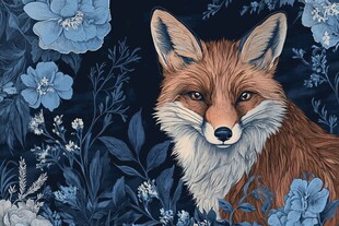 蓝花环绕的狐狸插画