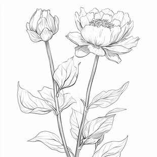 手绘线条芍药花插画