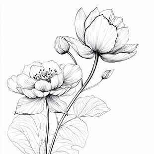 黑白手绘荷花花卉图