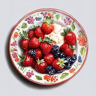 彩绘盘中的莓果与奶油
