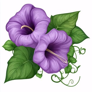 紫色牵牛花与绿叶插画