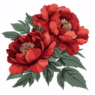 艳丽红牡丹与翠绿叶片