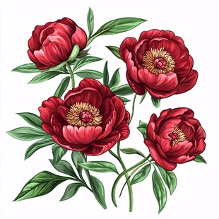 深红芍药花卉插画