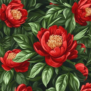 鲜艳红牡丹绿叶花卉图案