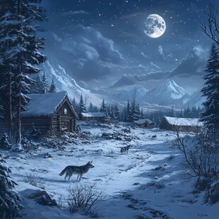 雪夜山林中的孤狼与木屋