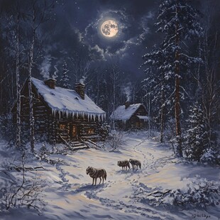 雪夜木屋旁的狼群景象