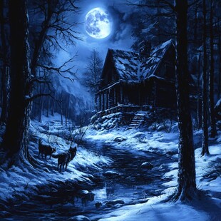 月夜雪林中的静谧小屋