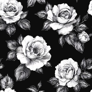 黑白玫瑰花卉无缝图案