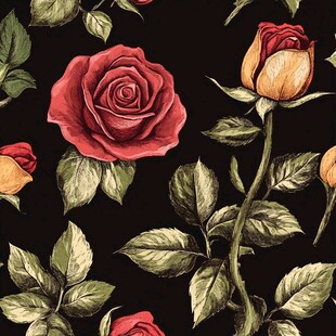 复古风黑底玫瑰花卉图案
