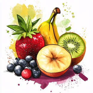 多彩水彩绘新鲜水果组合