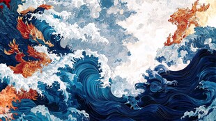 海浪中双凤舞动奇幻图景