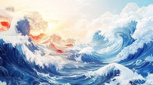 汹涌海浪与绚烂天际景观