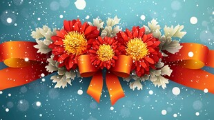 红花朵配橙丝带装饰图