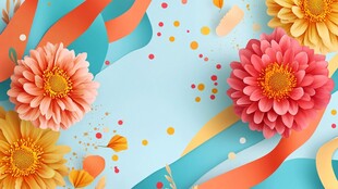 缤纷花朵与彩带的梦幻背景