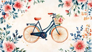 花卉环绕的复古自行车插画