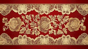 红底金绣花卉蕾丝图案