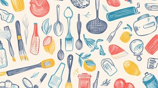 手绘厨房用具与食材图案