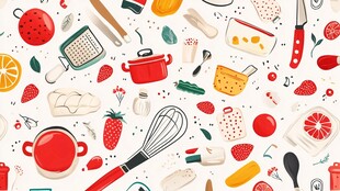 多彩厨房用具与水果插画